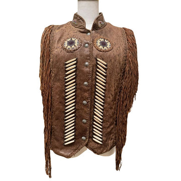 Women's Brown Western Genuine Bone Studded Fringe Leather Vest Jacket