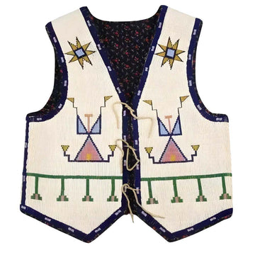 Men’s Old American Flag Back Sioux Style Beaded-Regalia Western Leather Vest