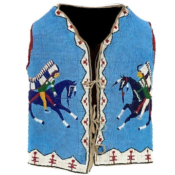 Men’s Sioux Beaded Leather Vest – Western Cowboy Waistcoat Blue Warrior & Horse Design