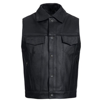 Men's Black Leather Western Vest – Cowboy Style with Snap Button Closure
