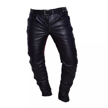Men's Black-Red Western American Cowhide Leather Pants with Tassel Detail