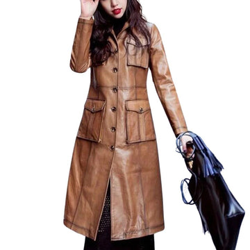Women’s Brown Genuine Lambskin Leather Long Overcoat – Trench Jacket
