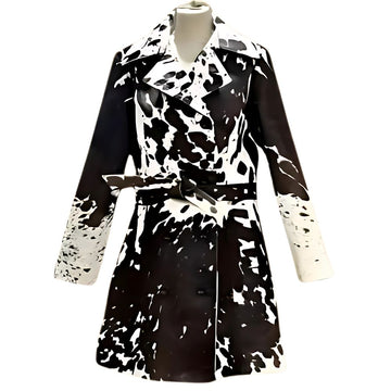 Women’s Cowhide Western Long Coat – Hair on Hide Trench Belted Outerwear