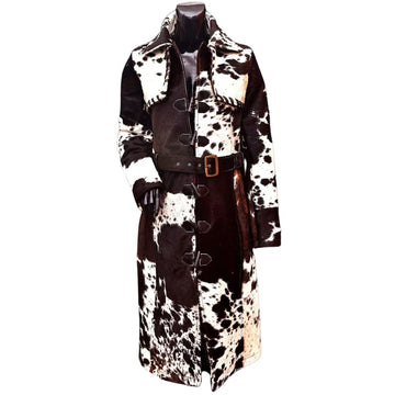 Women’s Cowhide Western Long Trench Coat – Real Hair on Leather Outerwear