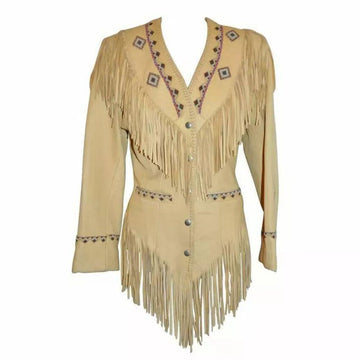Women's Beige Western Cowhide Leather Jacket with Fringe & Beaded Work