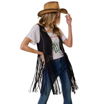 Women's Black Suede Leather Fringe Western Cowgirl Sleeveless Vest & Stud Detailing