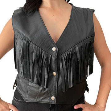 Women's Black Western Cowgirl Leather Vest – Fringe Style with Snap Buttons