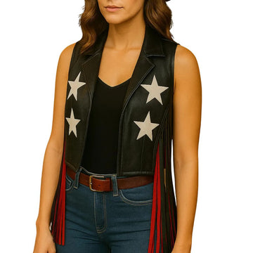 Women's Black Western Fringe Leather Vest – Star Patch Design & Red Side Tassels