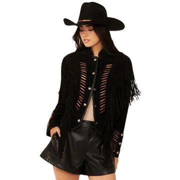 Women's Black Western Leather Jacket with Brown Bone and Fringe