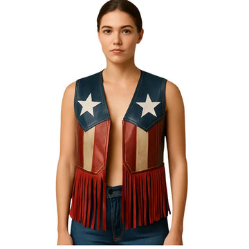 Women's Patriotic Western Leather Vest – USA Flag Style with Fringe & Star Detail