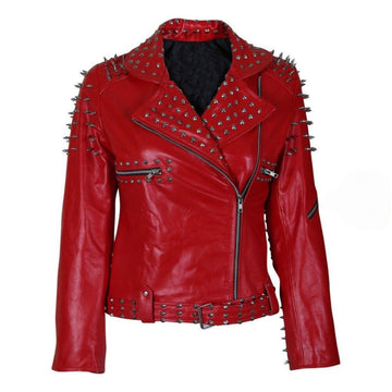 Women's Red Studded Cowhide Leather Jacket – Punk Rock Spiked Biker Jacket