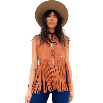 Women's Western Brown Fringe Leather Vest – Studded Cowgirl Style