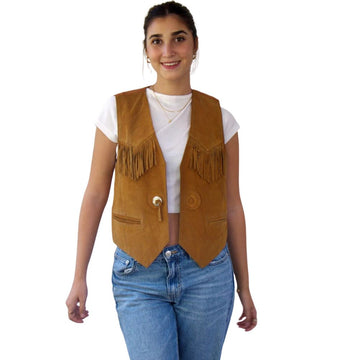 Women's Western Brown Suede Leather Fringe Vest – Cowgirl Style Sleeveless Jacket