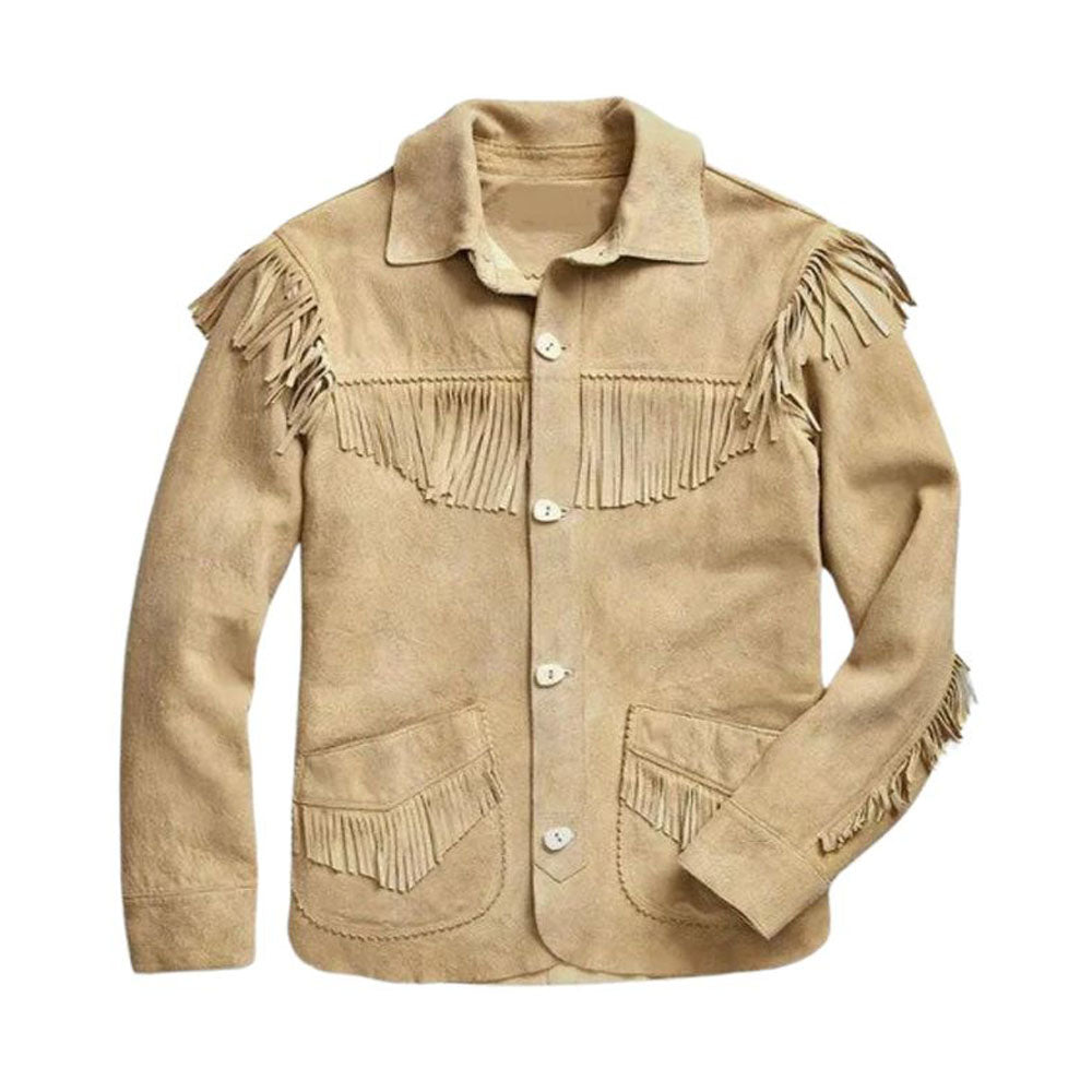 Men s Beige Western Suede Leather Shirt Jacket with Fringe