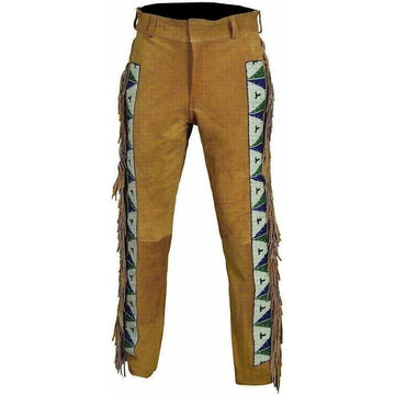 Men's Brown Western American Suede Leather Pant - Fringe & Beaded Detailing