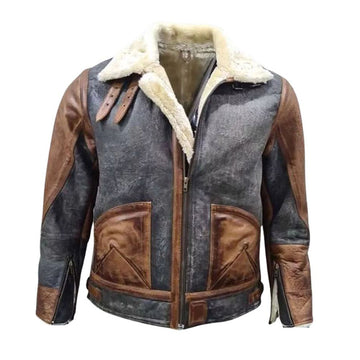Men's Gray & Brown B3 RAF Aviator Fur Sheepskin Leather Bomber Jacket