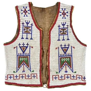 Men's Handmade Sioux Beaded Leather Vest Western Tribal Waistcoat & Geometric Patterns