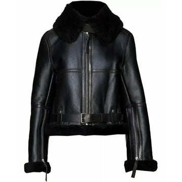 Women's Black Bomber Aviator Sheepskin Leather Jacket & Fur Overcoat