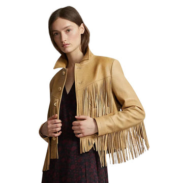 Women's Brown Western Sheepskin Leather Jacket with Fringe Accents – Cowgirl Style