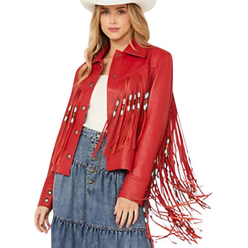 Women's Red Western Fringe Leather Jacket – Handmade Cowgirl Style & Beaded Accents