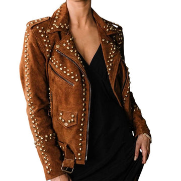 Women's Western American Style Suede Leather Jacket Fashion Studded Vintage