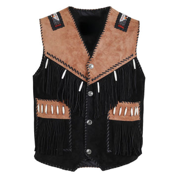 Men’s Black Western Suede Leather Vest – Cowboy Fringe Style Beaded Detailing