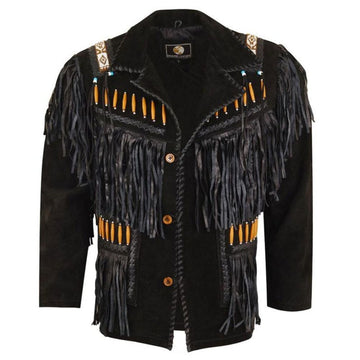 Men’s Western American Black Suede Jacket Fringe & Beaded Vintage Design
