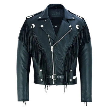Men's Black Western Cowhide Leather Jacket with Fringe, Belts & Studs Work