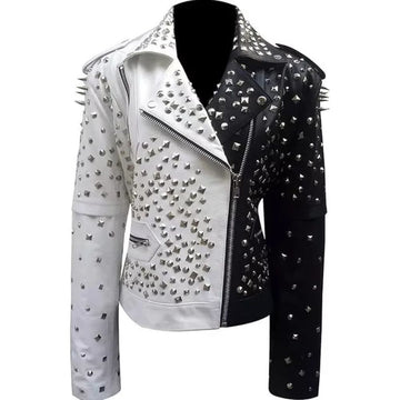 Women's Black & White Western Leather Jacket with Full Studded Work