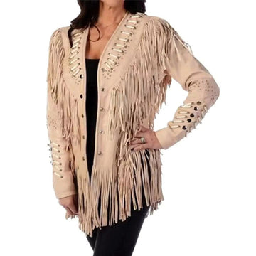 Women's Native American Western Cowhide Leather Jacket Fringe & Beaded Bone Work