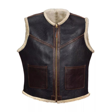 Men’s Dark Brown Cowhide Leather Vest Jacket with Faux Fur Lining
