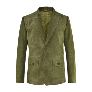 Men’s Green Western Genuine Leather Blazer Jacket with Two Pockets