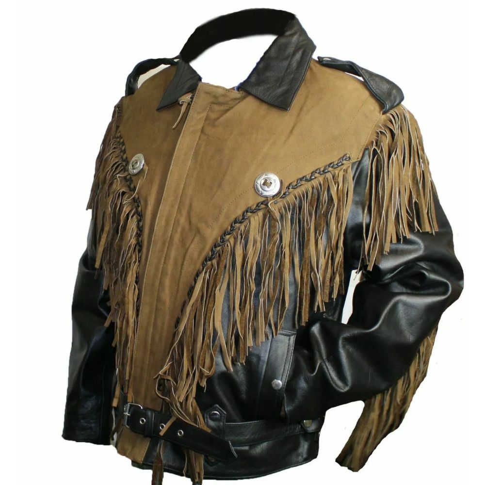 Black and tan leather with extensive outlets fringe men’s jacket