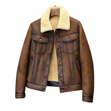 Men's Brown B3 RAF Aviator Fur Sheepskin Leather Bomber Jacket - Double Stitching