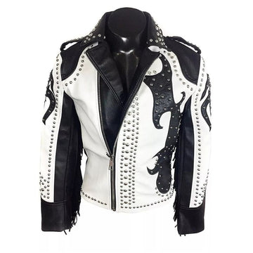 Women's Black & White Western Cowhide Leather Jacket with Studded Accents