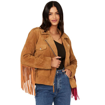 Women's Western Suede Fringe Jacket – Cowgirl Tan Biker Style with Zipper Closure