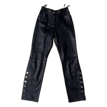 Women's Black Western American Style Cowhide Leather Pants with Embroidery Work