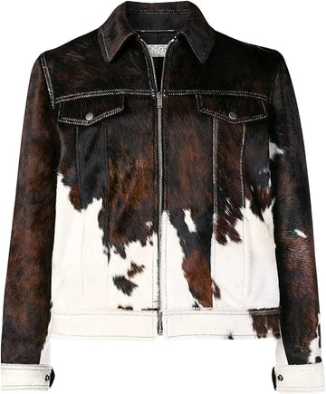 Men’s Native Western American Cowhide Hair Leather Biker Shirt Jacket