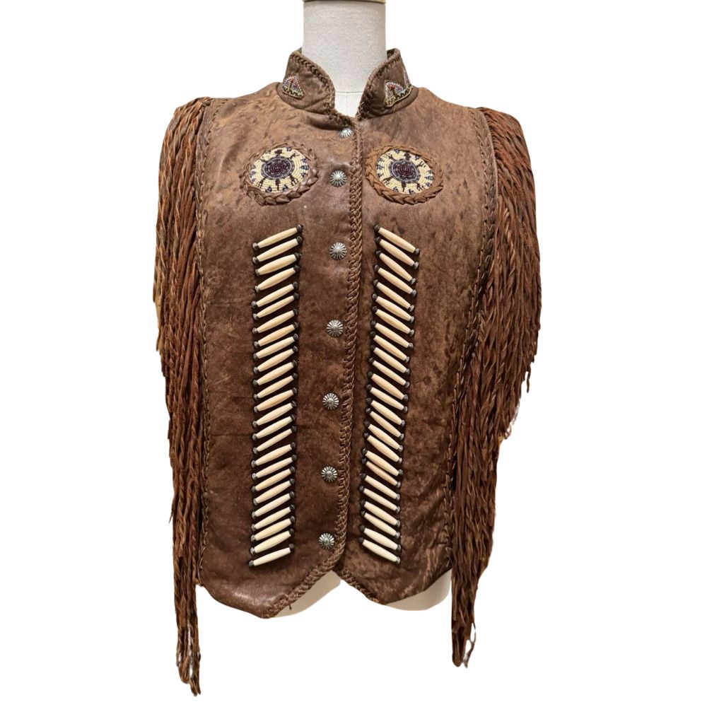 Women's Brown Western Genuine Bone Studded Fringe Leather Vest Jacket