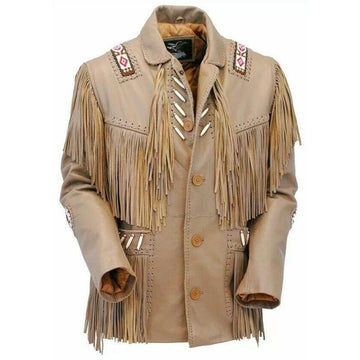 Men's Beige Western Cowhide Leather Jacket with Beaded Bone Work