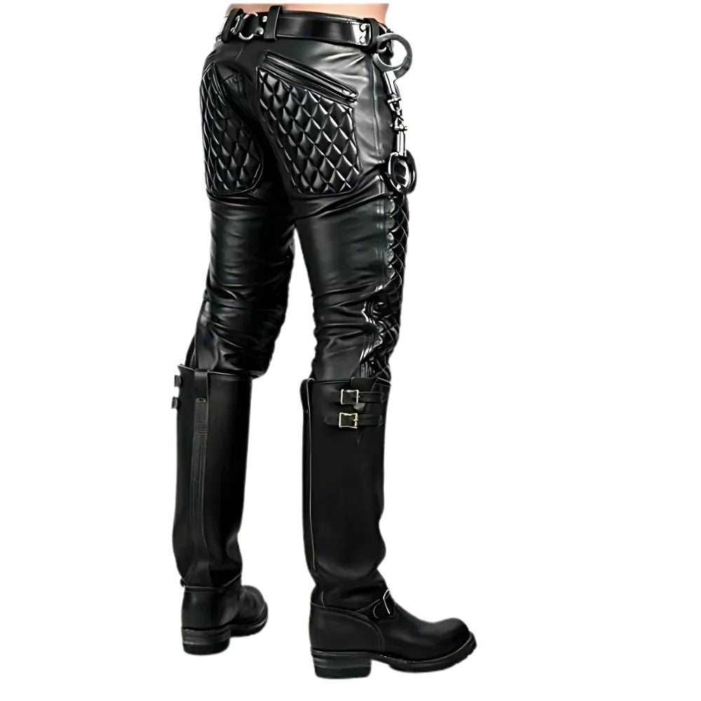 Men’s Black Cowhide Leather Pants with Diamond Stitching