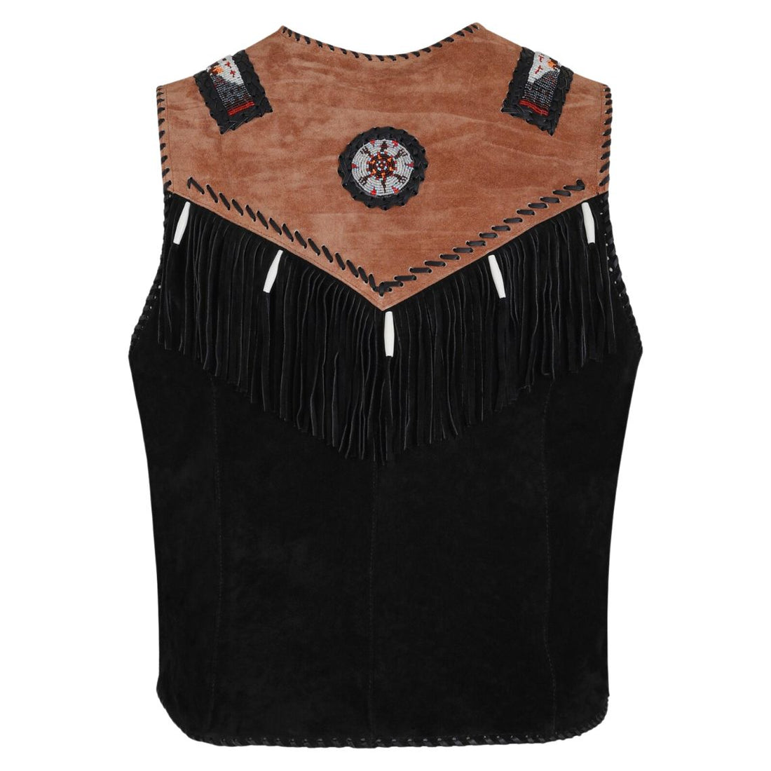 Men’s Black Western Suede Leather Vest – Cowboy Fringe Style Beaded Detailing