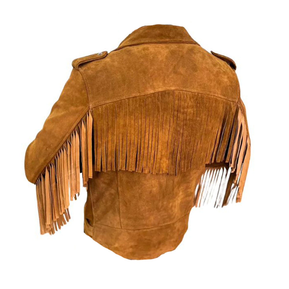 Men’s Brown Western Leather Jacket with Fringe & Motorbike Style