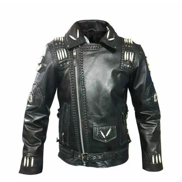 Men’s Classic Black Western Leather Fringe Jacket With Beaded Working