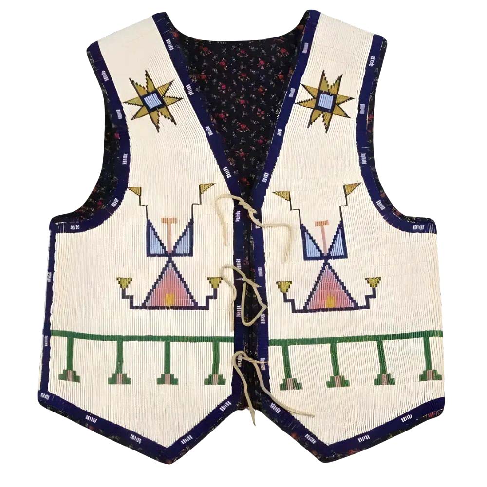 Men’s Old American Flag Back Sioux Style Beaded-Regalia Western Leather Vest