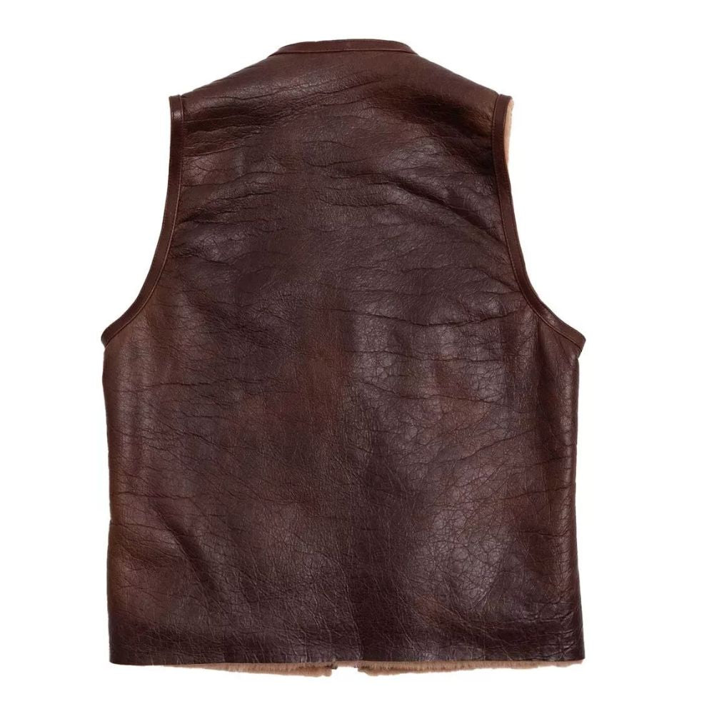 Men’s Reddish Brown Bomber Cowhide Leather Vest Jacket with Faux Fur