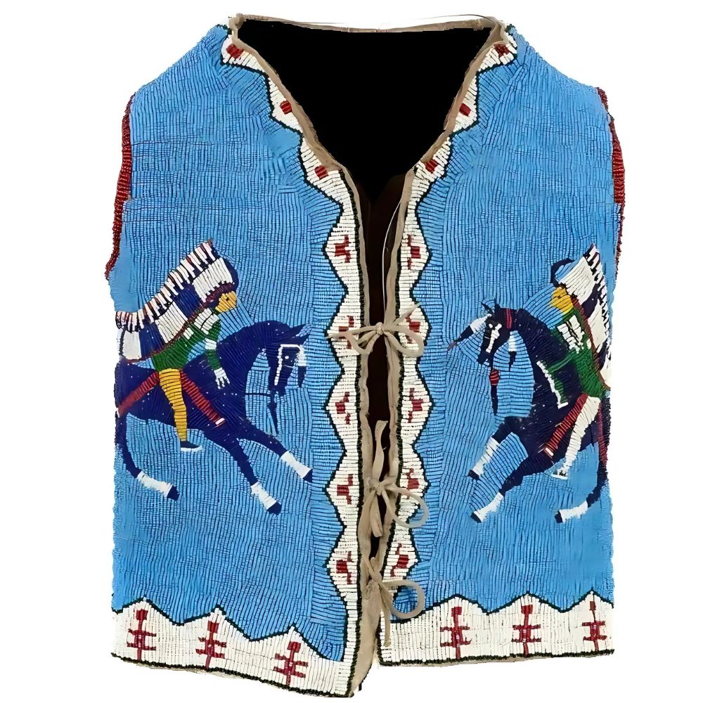 Men’s Sioux Beaded Leather Vest – Western Cowboy Waistcoat Blue Warrior & Horse Design