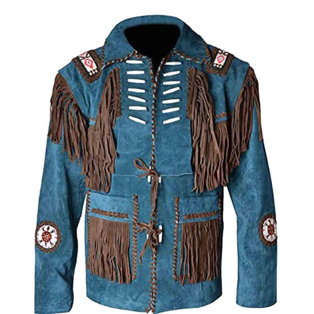 Men’s Traditional Western Style Blue Suede Leather Jacket with Fringe & Beaded