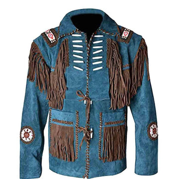 Men’s Traditional Western Style Blue Suede Leather Jacket with Fringe & Beaded