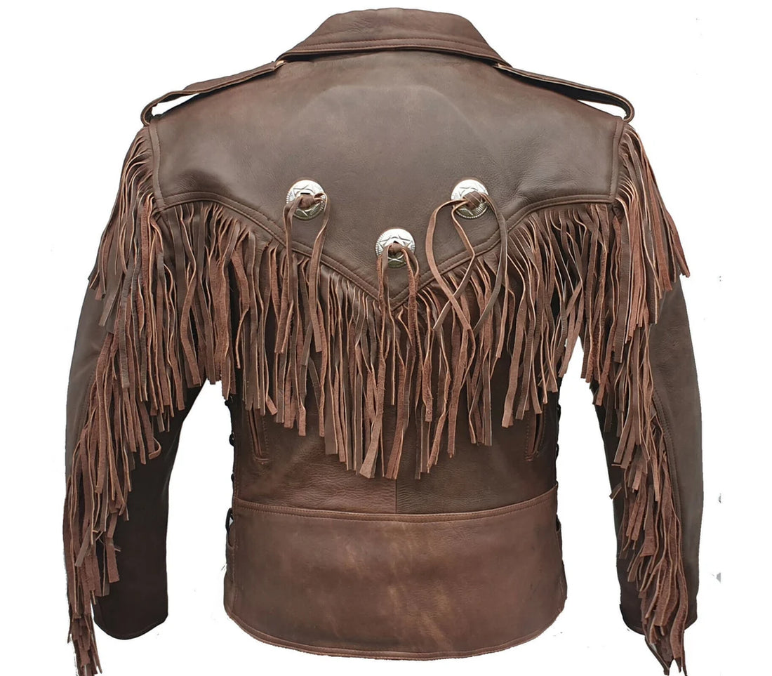 Men’s Western American Moto Brown Cowhide Leather Jacket with Fringe